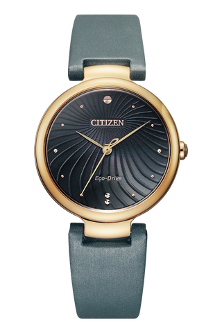 Citizen Eco-Drive, Black Analog Rose Gold Case Grey Satin Ladies Watch-EM0853-14H (P)